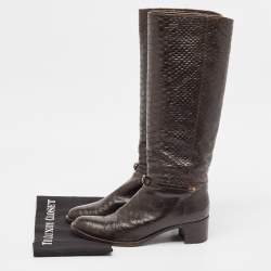 Sergio Rossi Brown Python Embossed Leather Knee Length Boots Size 38.5