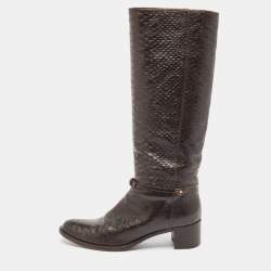 Sergio Rossi Brown Python Embossed Leather Knee Length Boots Size 38.5