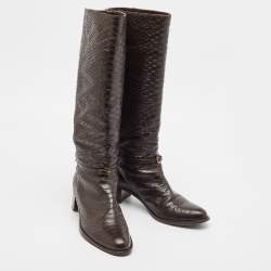 Sergio Rossi Brown Python Embossed Leather Knee Length Boots Size 38.5