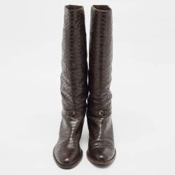 Sergio Rossi Brown Python Embossed Leather Knee Length Boots Size 38.5