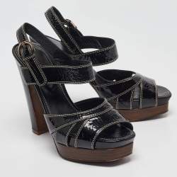 Sergio Rossi Black Patent Leather Platform Ankle Strap Sandals Size 37.5