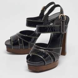 Sergio Rossi Black Patent Leather Platform Ankle Strap Sandals Size 37.5