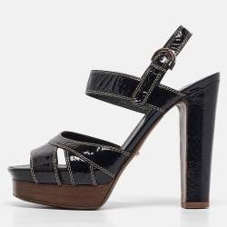 Sergio Rossi Black Patent Leather Platform Ankle Strap Sandals Size 37.5