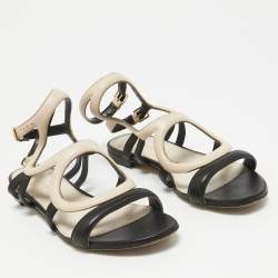 Sergio Rossi Beige/Black Leather Ankle Strap Flats Size 39