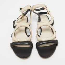 Sergio Rossi Beige/Black Leather Ankle Strap Flats Size 39