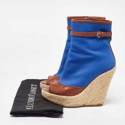 Sergio Rossi Blue/Brown Canvas and Leather Espadrille Wedge Boots Size 36