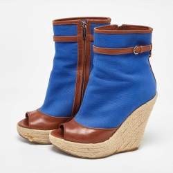 Sergio Rossi Blue/Brown Canvas and Leather Espadrille Wedge Boots Size 36