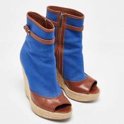 Sergio Rossi Blue/Brown Canvas and Leather Espadrille Wedge Boots Size 36