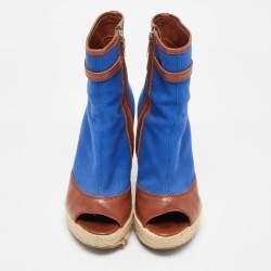 Sergio Rossi Blue/Brown Canvas and Leather Espadrille Wedge Boots Size 36