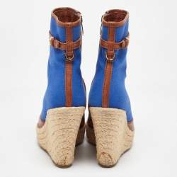 Sergio Rossi Blue/Brown Canvas and Leather Espadrille Wedge Boots Size 36