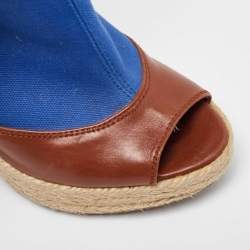 Sergio Rossi Blue/Brown Canvas and Leather Espadrille Wedge Boots Size 36