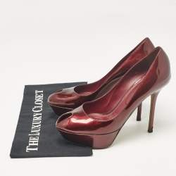 Pre Owned Sergio Rossi Burgundy Patent Leather Peep Toe Platform Pumps Size 38.5