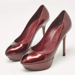Pre Owned Sergio Rossi Burgundy Patent Leather Peep Toe Platform Pumps Size 38.5