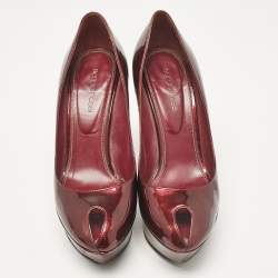 Pre Owned Sergio Rossi Burgundy Patent Leather Peep Toe Platform Pumps Size 38.5