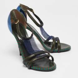 Sergio Rossi Green Leather and Mesh Ankle Strap Sandals Size 37.5