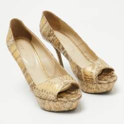 Sergio Rossi Gold Snakeskin Embossed Leather Peep Toe Pumps Size 39