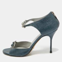 Sergio Rossi Blue Lizard Embossed Leather Embellished Open Toe Sandals Size 39