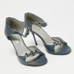 Sergio Rossi Blue Lizard Embossed Leather Embellished Open Toe Sandals Size 39