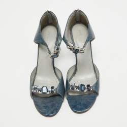 Sergio Rossi Blue Lizard Embossed Leather Embellished Open Toe Sandals Size 39