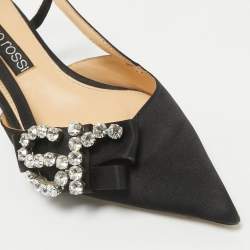 Sergio Rossi Black Satin Crystal Embellished SR Slingback Pumps Size 39