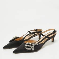 Sergio Rossi Black Satin Crystal Embellished SR Slingback Pumps Size 39