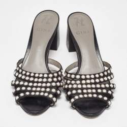 Sergio Rossi Black Satin Pearl Studded Slide Sandals Size 40.5