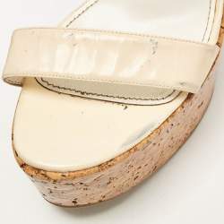 Sergio Rossi Cream Patent Leather Ankle Strap Cork Platform Wedge Sandals Size 38