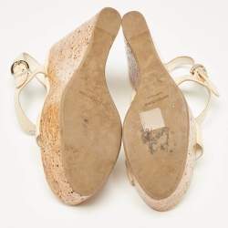 Sergio Rossi Cream Patent Leather Ankle Strap Cork Platform Wedge Sandals Size 38