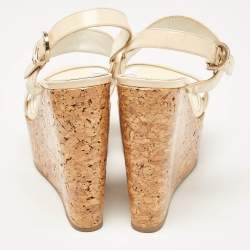 Sergio Rossi Cream Patent Leather Ankle Strap Cork Platform Wedge Sandals Size 38