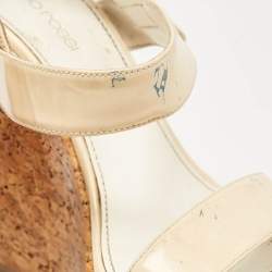 Sergio Rossi Cream Patent Leather Ankle Strap Cork Platform Wedge Sandals Size 38