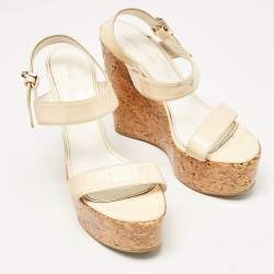 Sergio Rossi Cream Patent Leather Ankle Strap Cork Platform Wedge Sandals Size 38