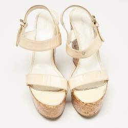 Sergio Rossi Cream Patent Leather Ankle Strap Cork Platform Wedge Sandals Size 38