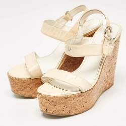 Sergio Rossi Cream Patent Leather Ankle Strap Cork Platform Wedge Sandals Size 38