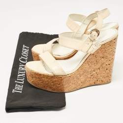 Sergio Rossi Cream Patent Leather Ankle Strap Cork Platform Wedge Sandals Size 38