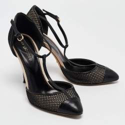 Pre Owned Sergio Rossi Black Mesh and Leather Mary Jane Pumps Size 36.5