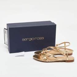 Pre Owned Sergio Rossi Gold Snakeskin Strappy Flat Sandals Size 37
