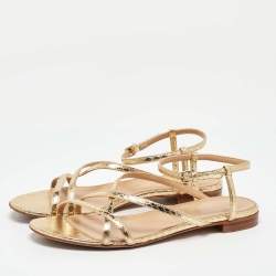 Pre Owned Sergio Rossi Gold Snakeskin Strappy Flat Sandals Size 37