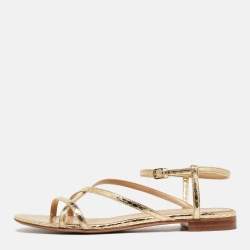 Pre Owned Sergio Rossi Gold Snakeskin Strappy Flat Sandals Size 37