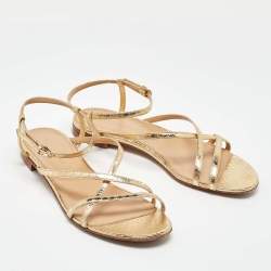 Pre Owned Sergio Rossi Gold Snakeskin Strappy Flat Sandals Size 37