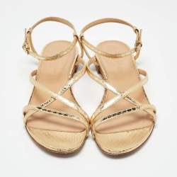 Pre Owned Sergio Rossi Gold Snakeskin Strappy Flat Sandals Size 37