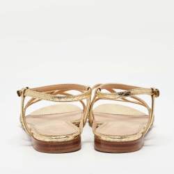 Pre Owned Sergio Rossi Gold Snakeskin Strappy Flat Sandals Size 37