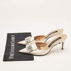 Sergio Rossi Off White Satin Crystal Embellished Mules Size 38.5