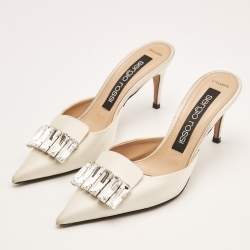 Sergio Rossi Off White Satin Crystal Embellished Mules Size 38.5