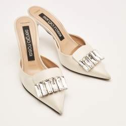 Sergio Rossi Off White Satin Crystal Embellished Mules Size 38.5
