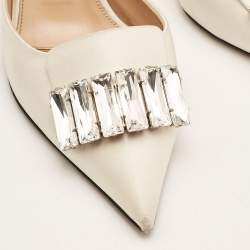 Sergio Rossi Off White Satin Crystal Embellished Mules Size 38.5