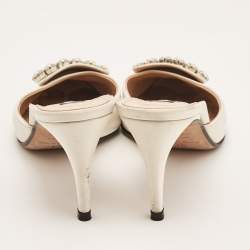 Sergio Rossi Off White Satin Crystal Embellished Mules Size 38.5