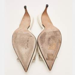 Sergio Rossi Off White Satin Crystal Embellished Mules Size 38.5