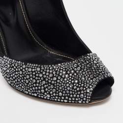 Pre Owned Sergio Rossi Black Satin Crystal Embellished Peep Toe D'orsay Pumps Size 38