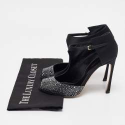 Pre Owned Sergio Rossi Black Satin Crystal Embellished Peep Toe D'orsay Pumps Size 38