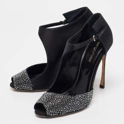 Pre Owned Sergio Rossi Black Satin Crystal Embellished Peep Toe D'orsay Pumps Size 38